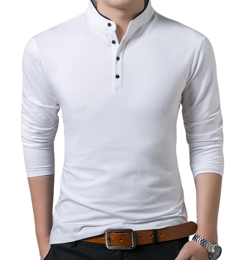 KUYIGO Men's Casual Slim Fit Shirts Long Sleeve Polo Shirt Mandarin Collared T-Shirts White Small - Image 2